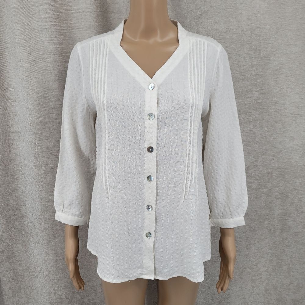 Nomadic Traders Linen Rayon Pintuck Pleat White Button-Up Blouse
